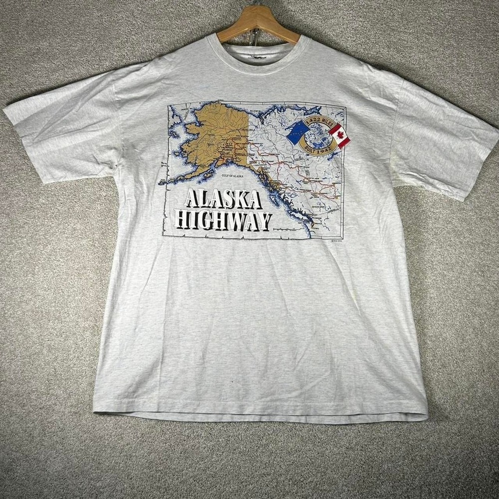 Vintage 90s Alaska Highway map graphic single stitch grey t-shirt Size XL